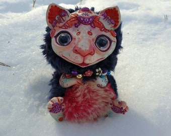 Forest winter cat - Guardian of Christmas. Natural clay kind gift. Ooak kitten art doll, fantasy pet, collectible figurine by Olvikdolls.