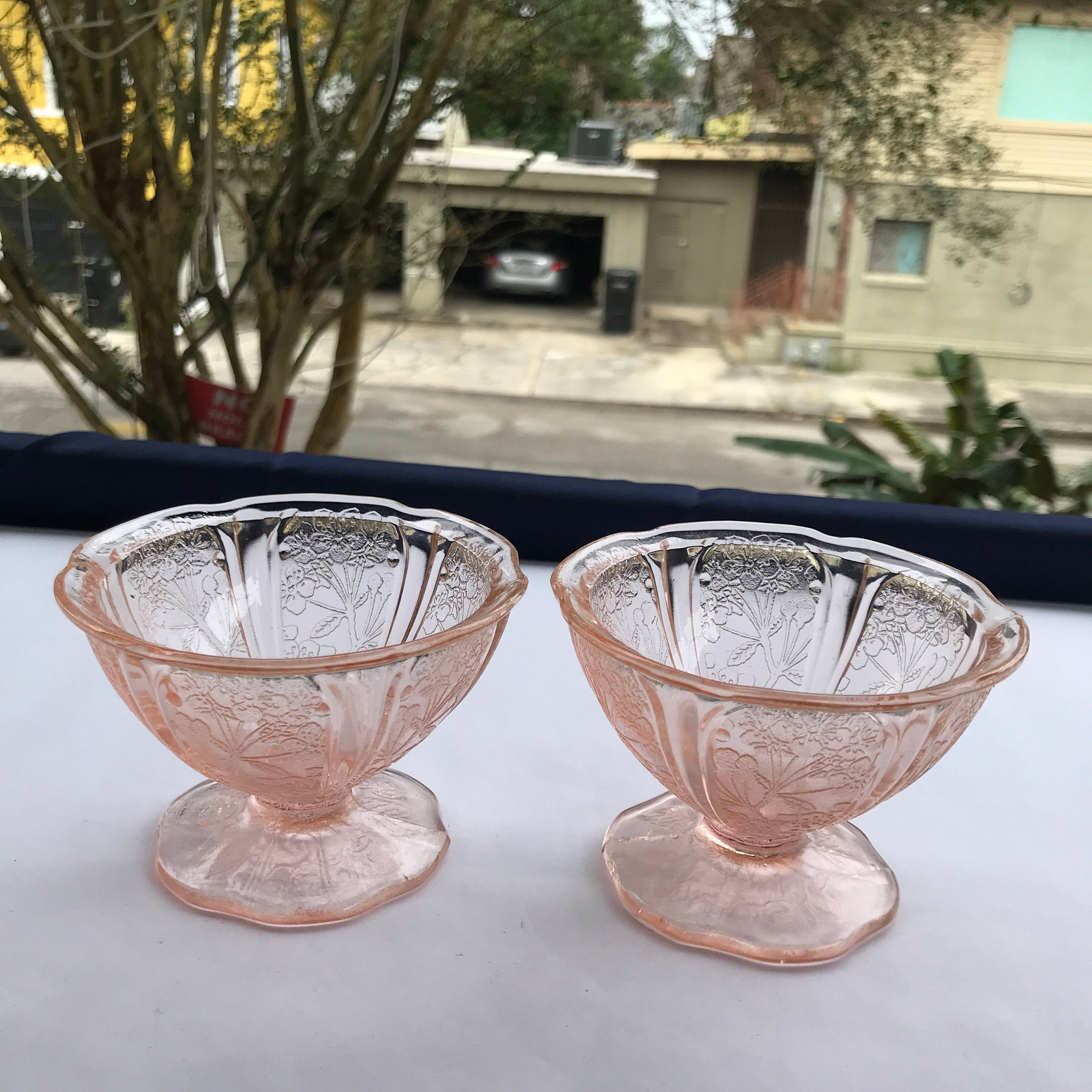 Set of 2 Jeannette Pink Cherry Blossom Depression Glass, Champagne