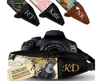 Personalized Camera Strap Black Japanese Crane Gold Foil for Nikon Canon and DSLR Cameras