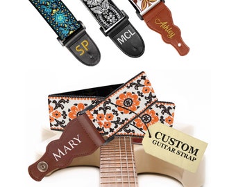 Personalized Guitar Strap - Floral design with Custom Embroidery - Gift Ideas for Musicians - Orange White Flower Guitar Strap