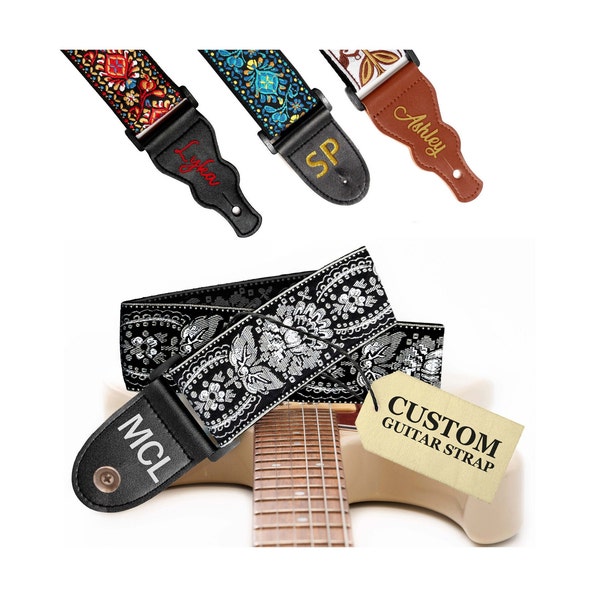 Personalized Black Silver Vintage Woven Design - Embroidered Design Guitar Straps for Musicians. Custom and Unique Guitar Strap