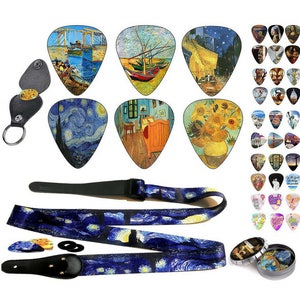 Guitar Musician Gift Set Van Gogh Starry Night Guitar Strap and 12 Guitar Picks Best Accessory Guitar Gift image 1