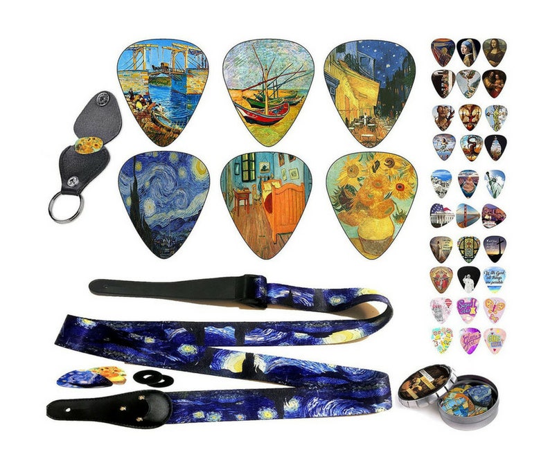 Guitar Musician Gift Set Van Gogh Starry Night Guitar Strap and 12 Guitar Picks Best Accessory Guitar Gift image 1