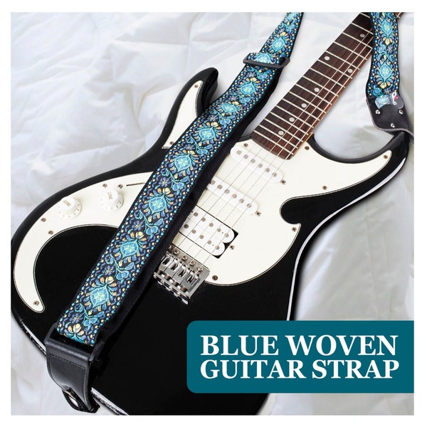 Hootenanny Gitarrengurt - Gewebtes Jacquard-Gitarrengurt - Blauer Blumen Gitarrengurt -  2 Strap Locks und 2 Plektren