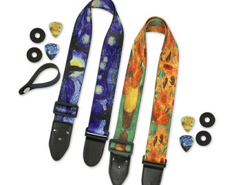2 Guitar Strap - Van Gogh Gift Set Starry Night and Sunflowers Guitar Strap - Best Guitar Player gift for Any Musician