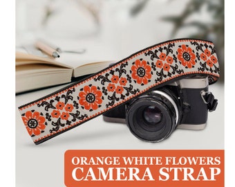 Orange White Flower Camera Strap - Perfect Gift Idea for Photographers and Camera Enthusiasts, for DSLR Cameras, Camera Accessories