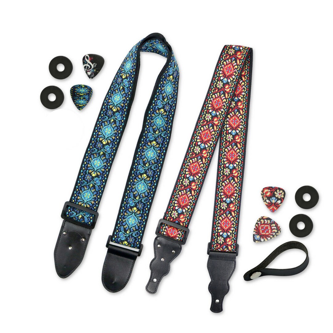 2 Acoustic Guitar Straps Red Floral Guitar Strap Jacquard Etsy