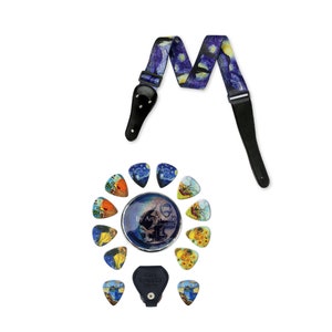 Guitar Musician Gift Set Van Gogh Starry Night Guitar Strap and 12 Guitar Picks Best Accessory Guitar Gift image 2