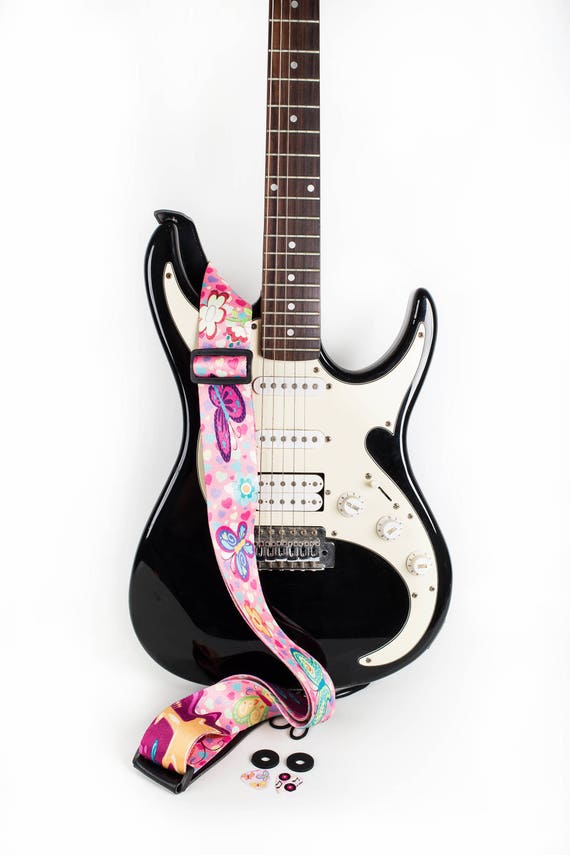  Art Tribute Pink Guitar Strap Adjustable for Kids & Girls  Bundle Includes 2 Strap Locks & 2 Matching Picks For Electric & Acoustic  Guitar Lovers Best Gift for Guitar Players 
