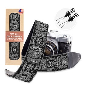 Black Silver Camera strap For Canon, Nikon and More. | Custom vegan leather camera strap