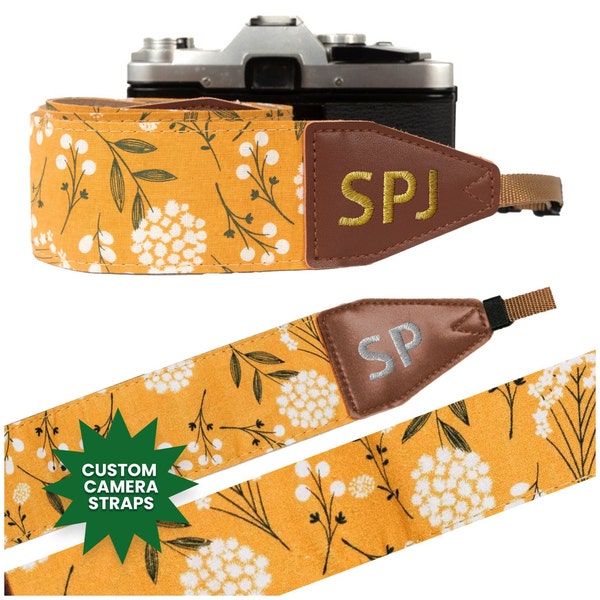 Personalized Yellow Spring Flowers  Camera Strap for Canon, Nikon and Sony - Add your initials for the perfect gift for photographers