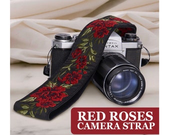 Embroider camera strap - Red Roses Camera strap | photographer vegan camera strap gift