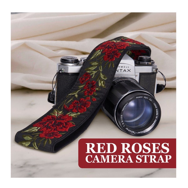 Embroider camera strap - Red Roses Camera strap | photographer vegan camera strap gift