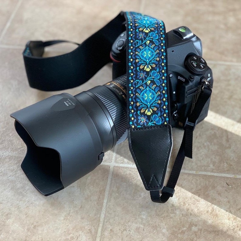 blue camera strap