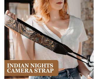 Indian Nights Camera Strap for Canon and Nikon -Brown Gold strap For DSLR camera - gift for women