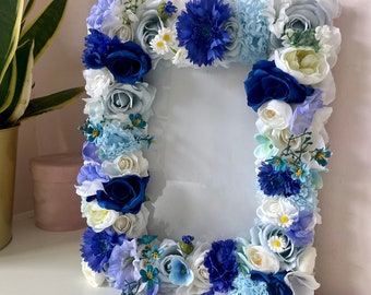 Marco de fotos floral azul: marco de fotos con flores de seda personalizado