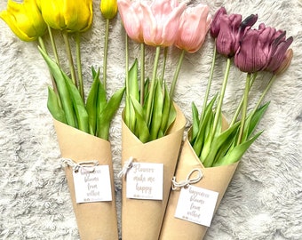 Künstlicher Real Touch Tulpenstrauß, Faux Tulpen, Frühlingsblumen, 5er Tulpenstrauß, Real Touch Blumen, Ostergeschenk, Rosa / Weiße Tulpen