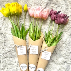 Artificial Real Touch Tulip Bouquet, Faux Tulips, Spring Flowers, Bunch Of 5 Tulips, Real Touch Flowers, Easter Gift, Pink/White Tulips
