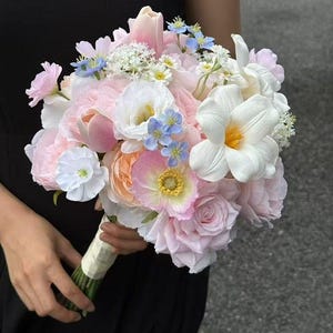 Luxury Romantic Pastel Bridal Bouquet, Soft Pink and White Artificial Wedding Flowers With Roses, Poppies and Tulips, High Quality
