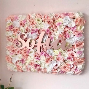 May include: A pink and white flower wall with the name "Sofia" written in pink letters.