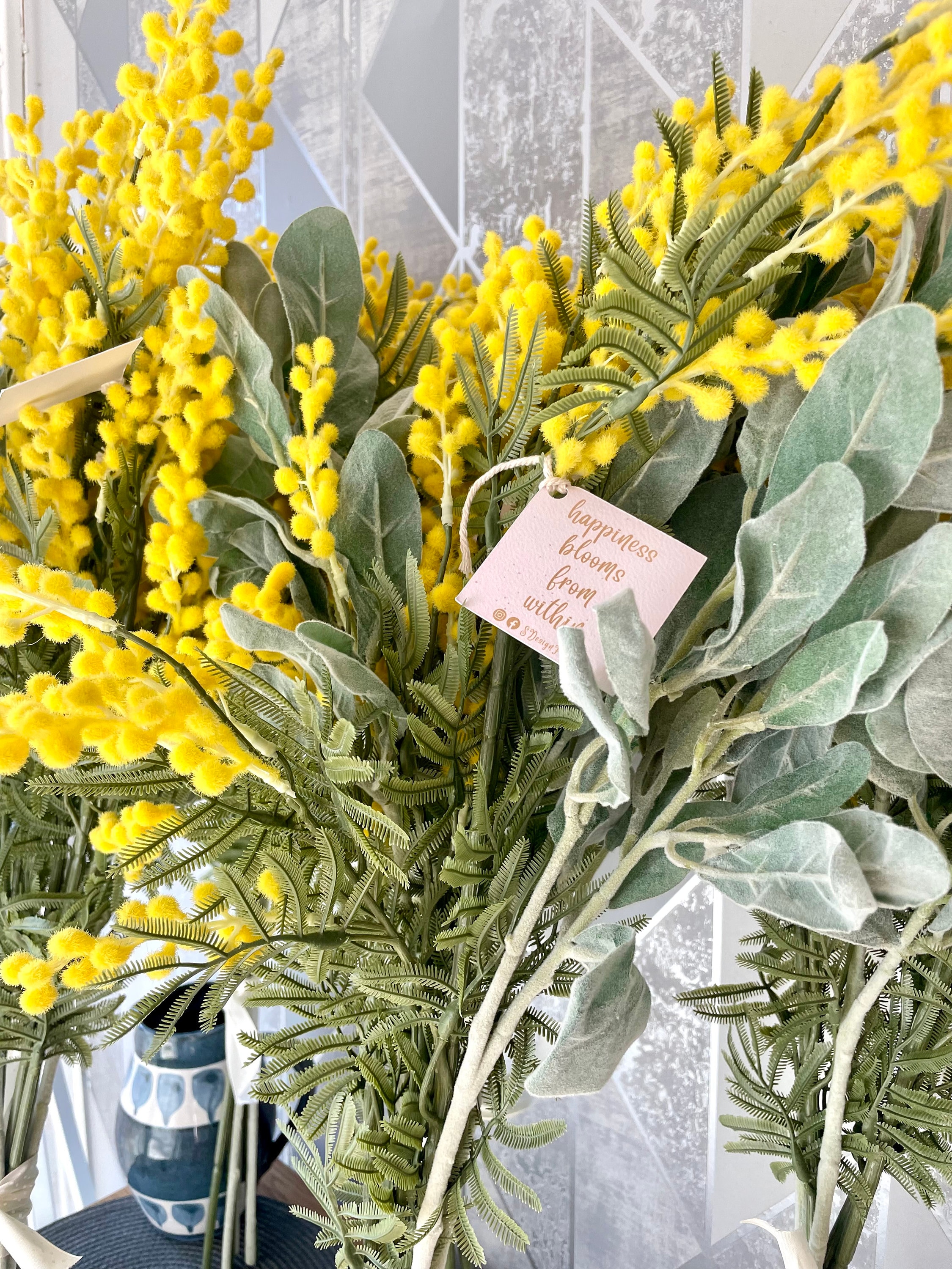 Faux Mimosa Flower Arrangement: Yellow Spring Bouquet With Lambs