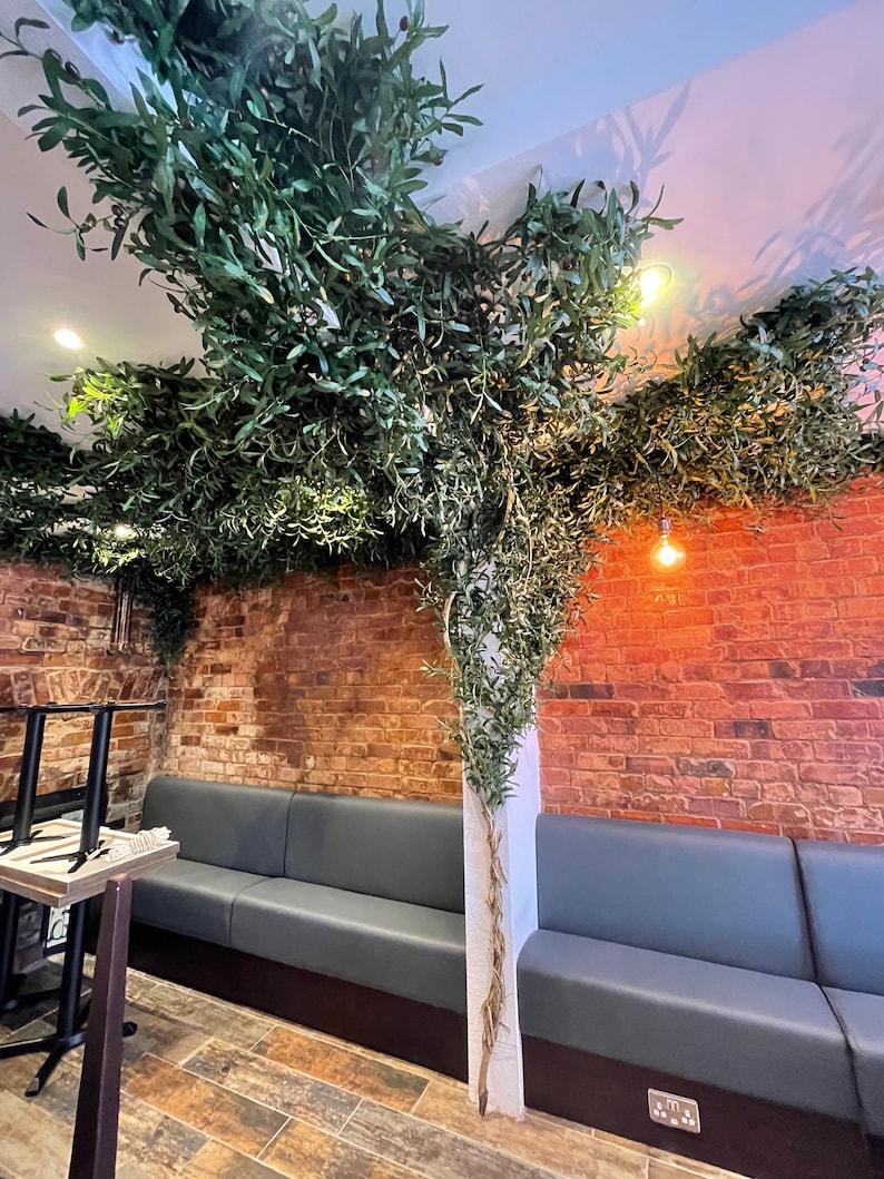 Peut inclure: Un mur en brique avec un canap&eacute; gris et une plante verte suspendue au plafond. La plante est suspendue au plafond et pousse le long du mur. Il y a deux luminaires au plafond.