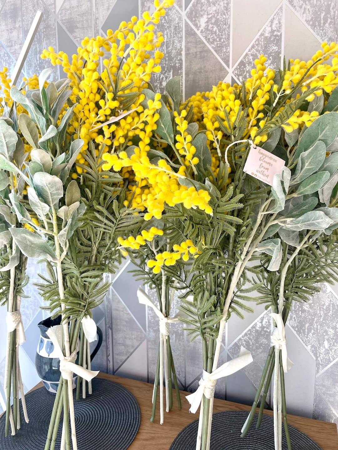 置物 mimosa Faux Mimosa Flower Arrangement: Yellow Spring Bouquet With Lambs