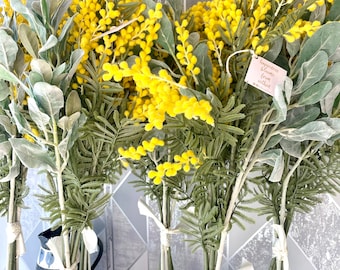 Faux Mimosa Flower Arrangement: Yellow Spring Bouquet with Lambs Ear