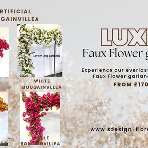 May include: An advertisement for Luxe faux flower garlands. The image showcases various artificial bougainvillea garlands in magenta pink, white, orange, and purple. The text reads "Faux Flower garlands" and "Experience our everlasting quality."
