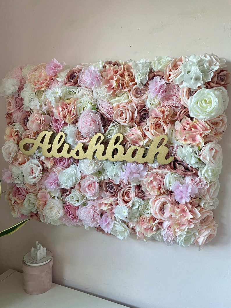 May include: A pink and white flower wall with the name "Alishbah" written in gold letters.