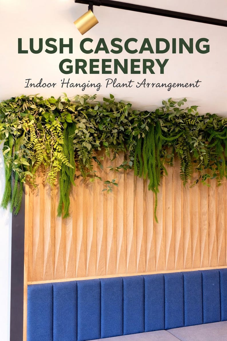 May include: A wall-mounted indoor hanging plant arrangement with lush cascading greenery. The arrangement features various shades of green foliage, including hanging plants. The greenery is above a wooden panel and a blue upholstered bench. Text reads "Lush Cascading Greenery" and "Indoor Hanging Plant Arrangement."