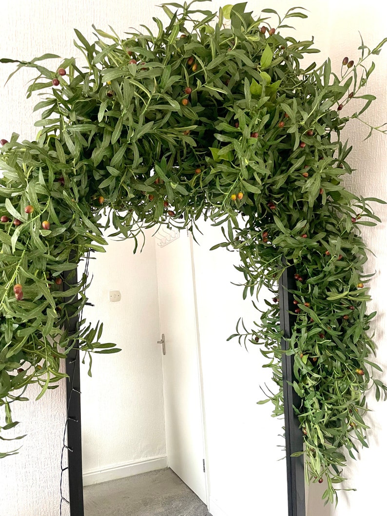 Peut inclure: Un miroir encadr&eacute; noir d&eacute;cor&eacute; d'une guirlande de branches d'olivier vertes avec de petites baies rouges.