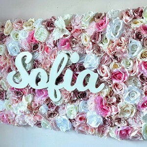 May include: A white flower wall with the name "Sofia" spelled out in white letters. The wall is made of a variety of pink, white, and cream flowers.