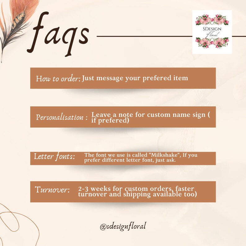 May include: A graphic with the word "faqs" in a handwritten font. The graphic provides information about ordering, personalisation, letter fonts, and turnaround time for custom orders. The text includes the phrase "Leave a note for custom name sign (if preferred)".