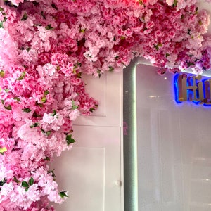May include: A white wall with a white door and a white and silver wall panel. A pink flower garland hangs from the ceiling and covers most of the wall.