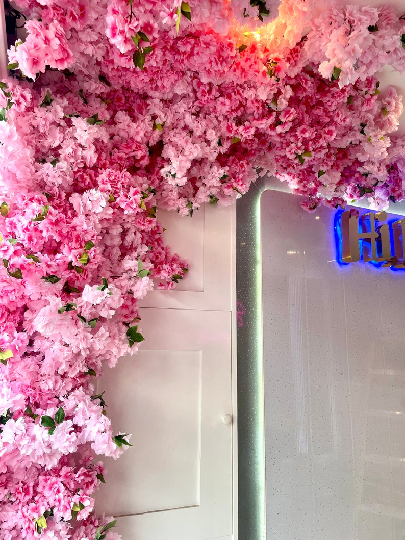 May include: A white wall with a white door and a white and silver wall panel. A pink flower garland hangs from the ceiling and covers most of the wall.