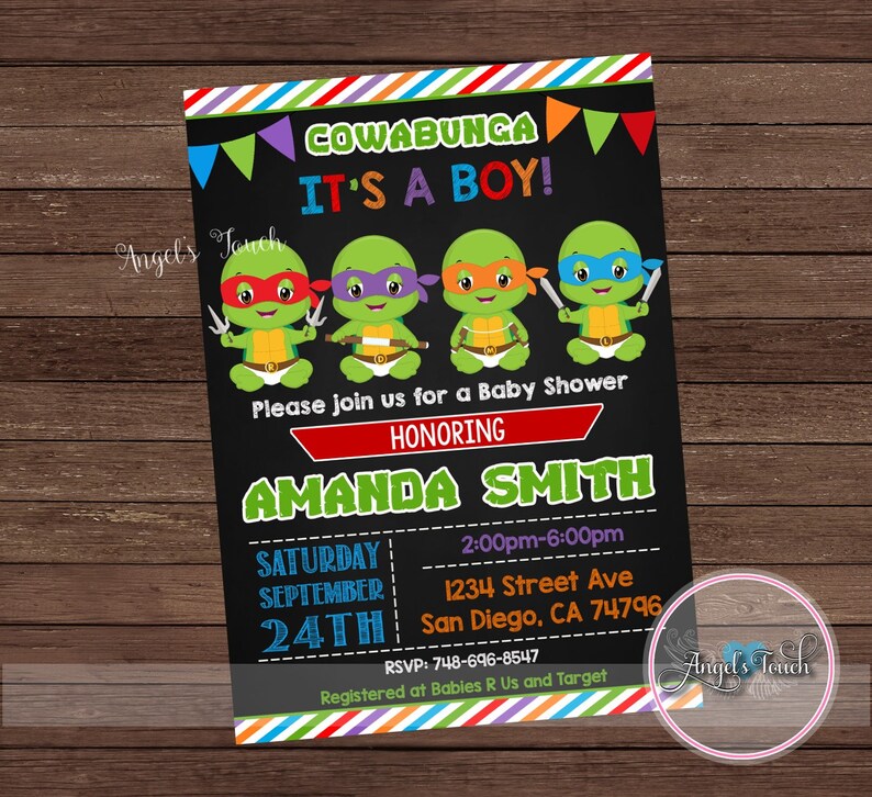 Ninja Turtles Baby Shower Invitation Chalkboard Digital File
