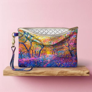 Bolsa de cosméticos con estampado de árboles de colores, estilo impresionista, neceser con cremallera, bolso de mano, organizador de cartera, estuche para lápices, arte al óleo