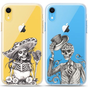 Calavera Skeletons Sugar skull Matching phone cases iPhone X couple case cell phone Xs Max 8 plus clear cover cute iPhone 11 Xr halloween 12 image 6