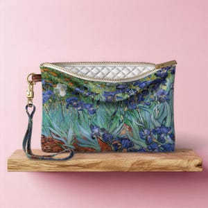 Estuche de maquillaje con lirios de acuarela Estuche de maquillaje Van Gogh Estuches de maquillaje femeninos Estuche para cosméticos con cremallera Estuche para artículos de tocador Bolso de pulsera Flores bonitas Estuche de cuero vegano