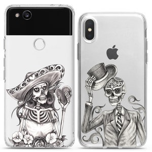 Calavera Skeletons Sugar skull Matching phone cases iPhone X couple case cell phone Xs Max 8 plus clear cover cute iPhone 11 Xr halloween 12 image 5