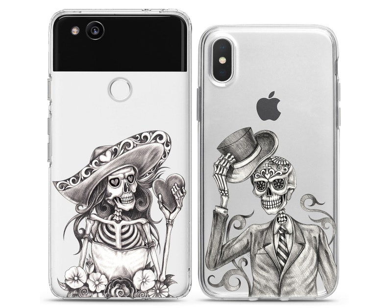 Calavera Skeletons Sugar skull Matching phone cases iPhone X couple case cell phone Xs Max 8 plus clear cover cute iPhone 11 Xr halloween 12 image 5