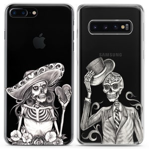 Calavera Skeletons Sugar skull Matching phone cases iPhone X couple case cell phone Xs Max 8 plus clear cover cute iPhone 11 Xr halloween 12 image 1