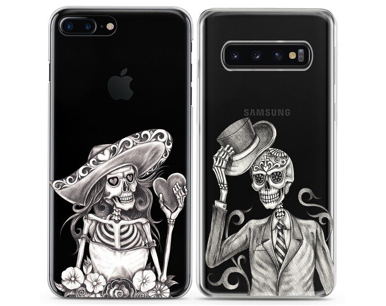 Calavera Skeletons Sugar skull Matching phone cases iPhone X couple case cell phone Xs Max 8 plus clear cover cute iPhone 11 Xr halloween 12 image 1