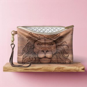 Bolsa de maquillaje con estampado de madera del Rey León, bolsa de piel sintética, estuche de maquillaje femenino, neceser con cremallera, diseño bohemio, bolsa con correa de muñeca, regalo para ella