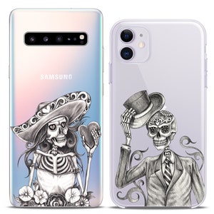 Calavera Skeletons Sugar skull Matching phone cases iPhone X couple case cell phone Xs Max 8 plus clear cover cute iPhone 11 Xr halloween 12 image 8