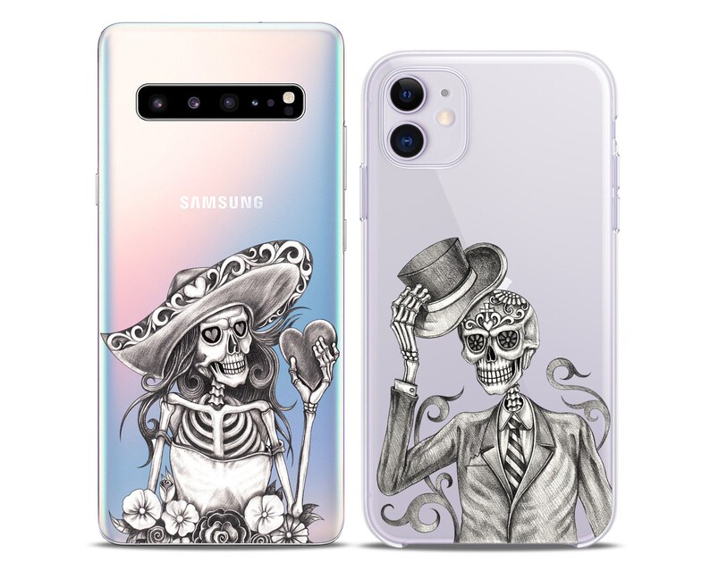 Calavera Skeletons Sugar skull Matching phone cases iPhone X couple case cell phone Xs Max 8 plus clear cover cute iPhone 11 Xr halloween 12 image 8