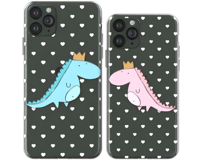 Dinosaurs in crown iphone 11 Pro Max Heart pattern 12 iphone X case Xs Max phone case iPhone 8 plus case Xr clear cover Cute couple cases 7