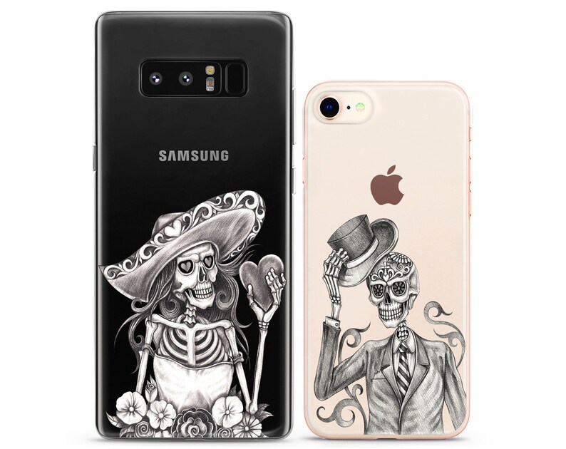 Calavera Skeletons Sugar skull Matching phone cases iPhone X couple case cell phone Xs Max 8 plus clear cover cute iPhone 11 Xr halloween 12 image 3