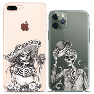 Calavera Skeletons Sugar skull Matching phone cases iPhone X couple case cell phone Xs Max 8 plus clear cover cute iPhone 11 Xr halloween 12 image 2